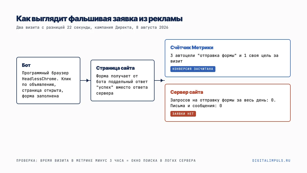 Путь фальшивой заявки: бот подменяет ответ сервера, цель в Метрике срабатывает, в логах сервера пусто